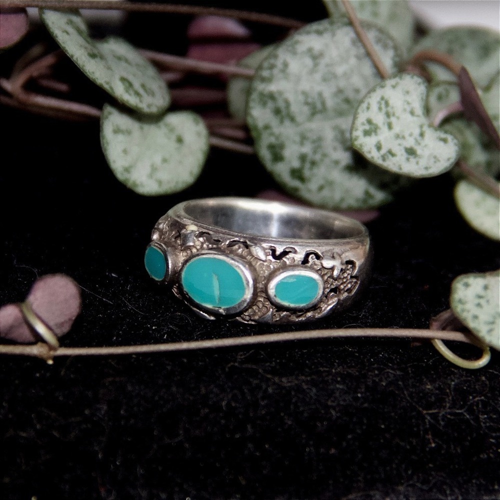 VTG Brutalist Sterling Silver 925 Turquoise Cabochon Statement Ring Size 8